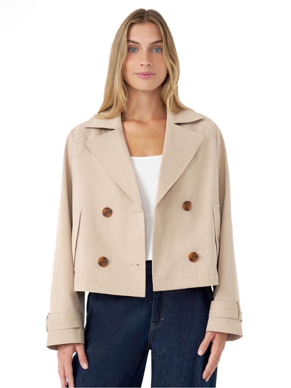 Rebecca Minkoff Cropped Beige Double-Breasted Trench Jacket - Picture 5 of 6